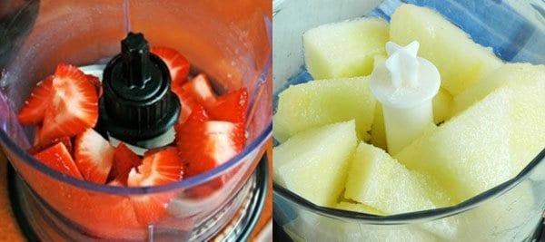 pilko mansikat ja melonit tehosekoittimessa